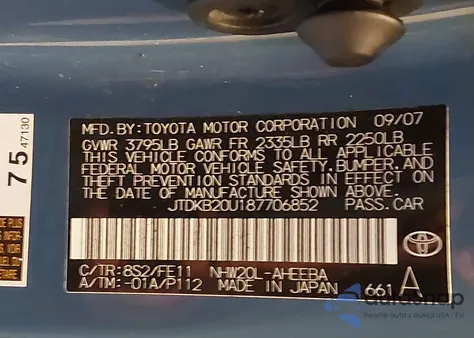 2008 Toyota Prius из США, поврежденный, VIN JTDKB20U187706852